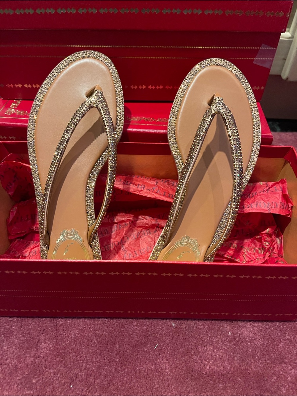NIB ‼️ RENE CAOVILLA TRIM STRASS LIGHT BROWN THONG SANDALS SIZE 36.  1/2